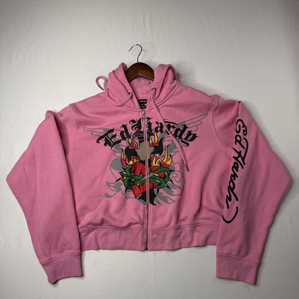 Ed Hardy Born Free Sacred Angel Pink Zip Up Crop Hoodie